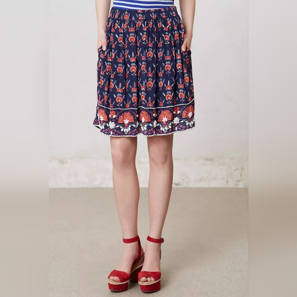 Anthropologie Maeve Adela Shell Beaded And Crystals Boho Skirt Sz M Pockets NWT